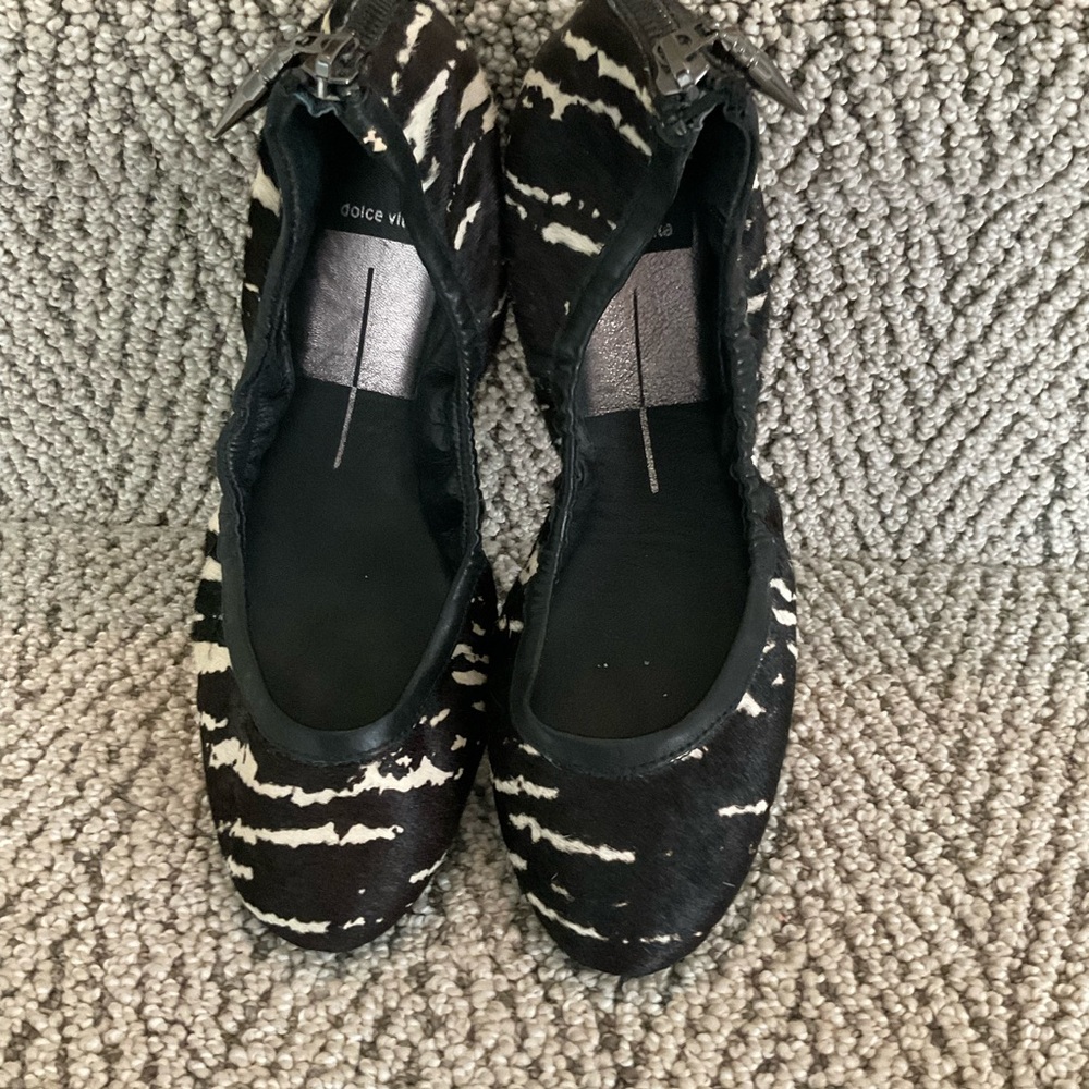 Dolce Vita Black and White Fur Flats with Slip-On Design